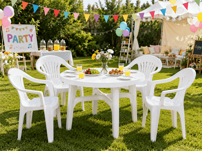 White outdoor patio dining set with round table and 4 chairs for garden parties