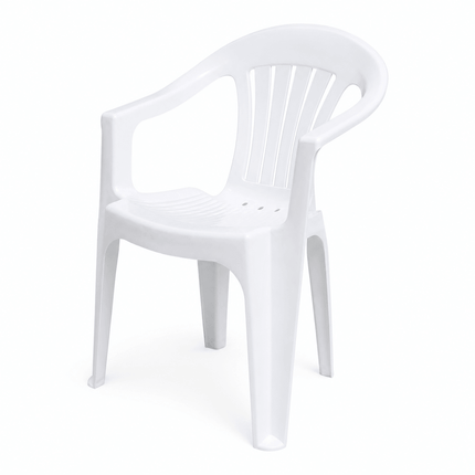 Angled view of white weather resistant plastic patio chair