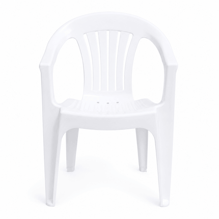 White outdoor plastic arm chair with weather resistant design