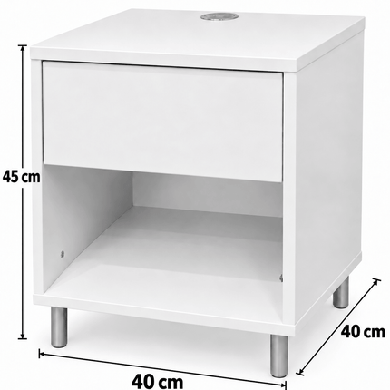White smart charging bedside table with drawer and open shelf, dimensions 40 × 40 × 45 cm
