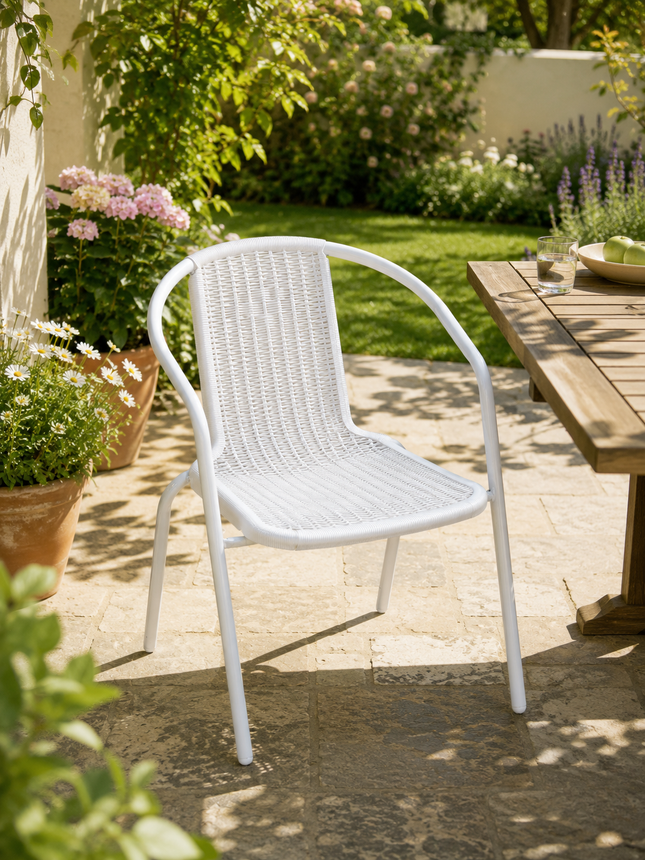 White stackable outdoor dining chair for patio and garden use