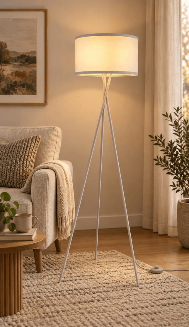 White tripod floor lamp with fabric shade and LED bulb in living room